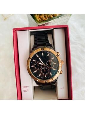 Merona  Watch with Black Band and Gold-Tone Bezel